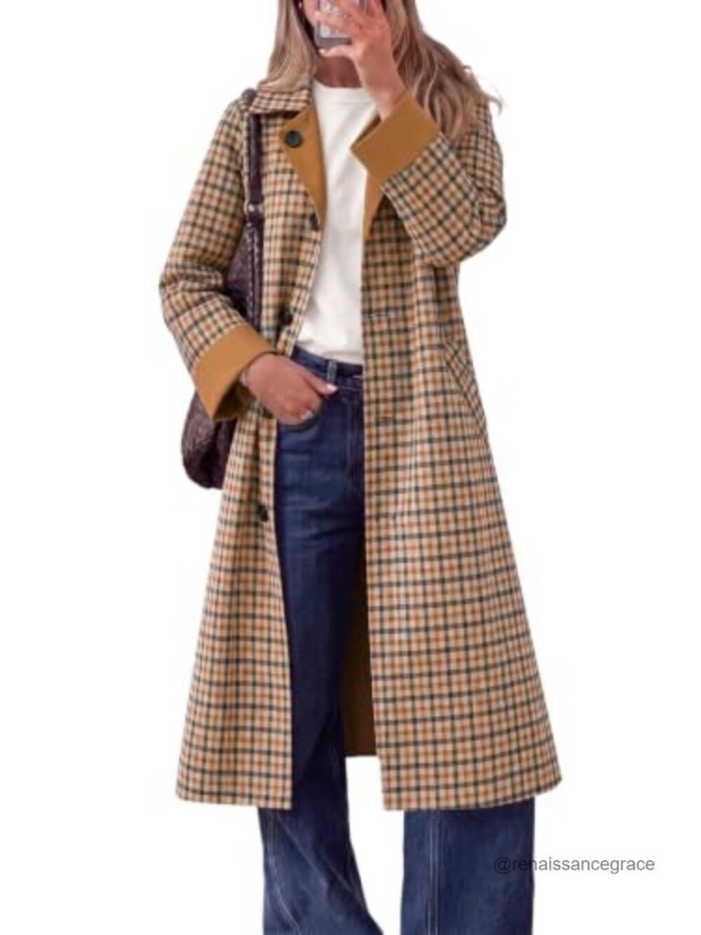 Womens Reversible Plaid Trench Coat Long Windproof Overcoat